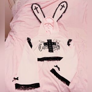 Noemie Jirai kei Ryosan Kawaii Harajuku Pink Black Lace Trim Bunny Ear Hoodie